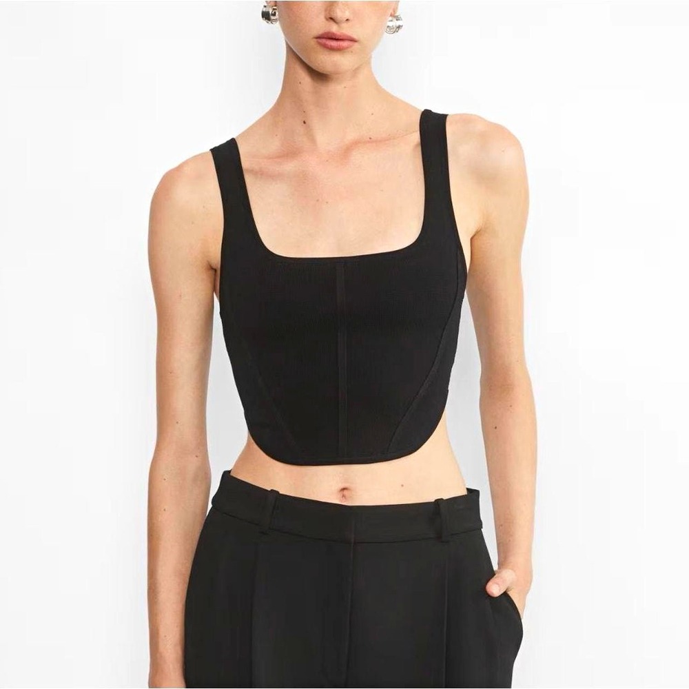 Aritzia Babaton Sculpt Knit Bustier Tank Top Black Corset Cropped Square Neck S